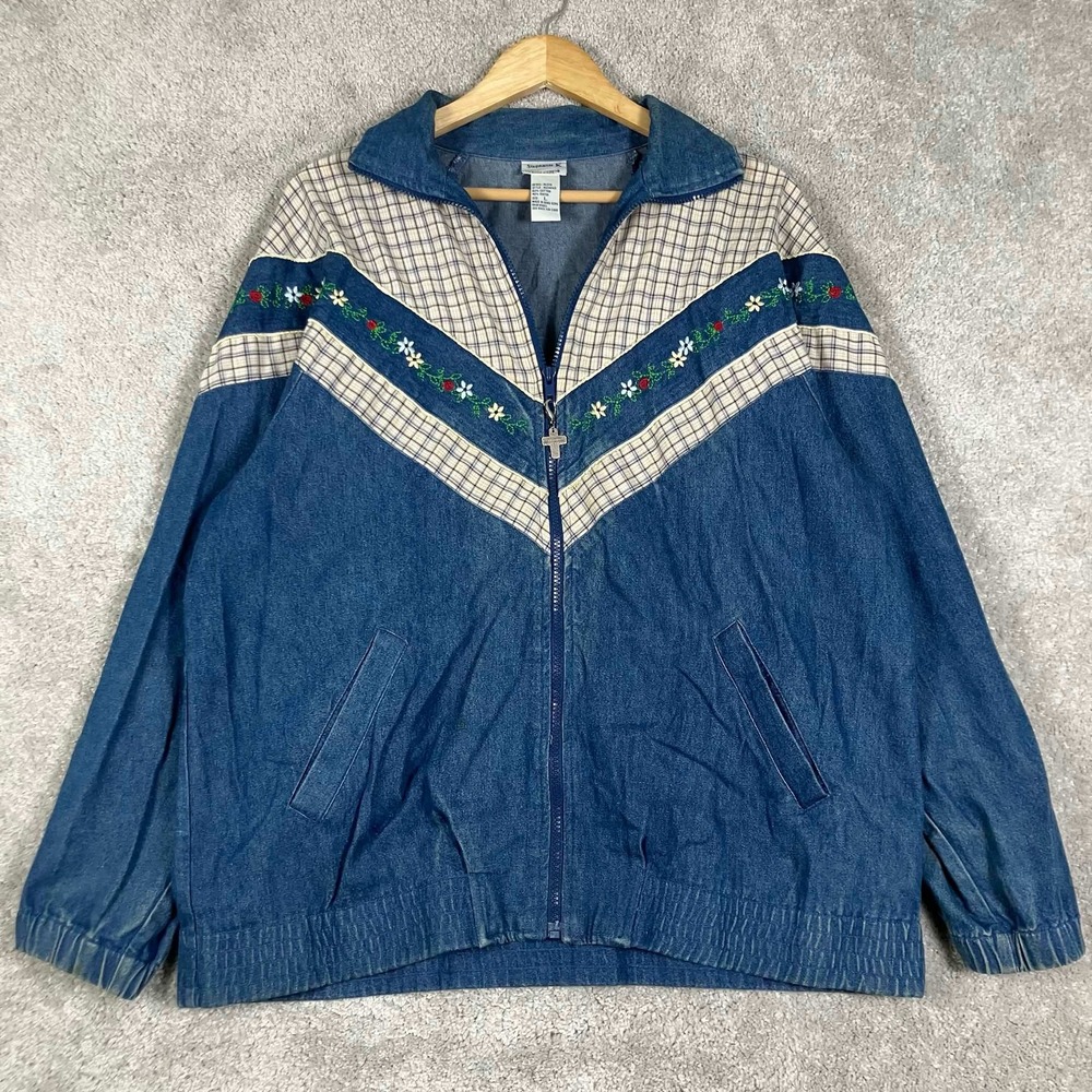 Vintage Stephanie K Denim Jacket Womens L Blue Plaid Floral Embroidered Western
